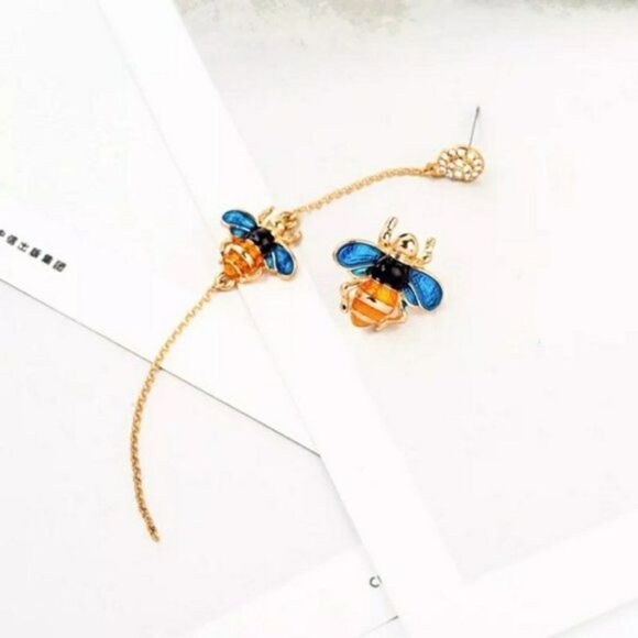 Blue Enamel Glaze Mismatch Crystal Bee Asymmetrical Gold Statement Drop Earrings - Picture 9 of 13